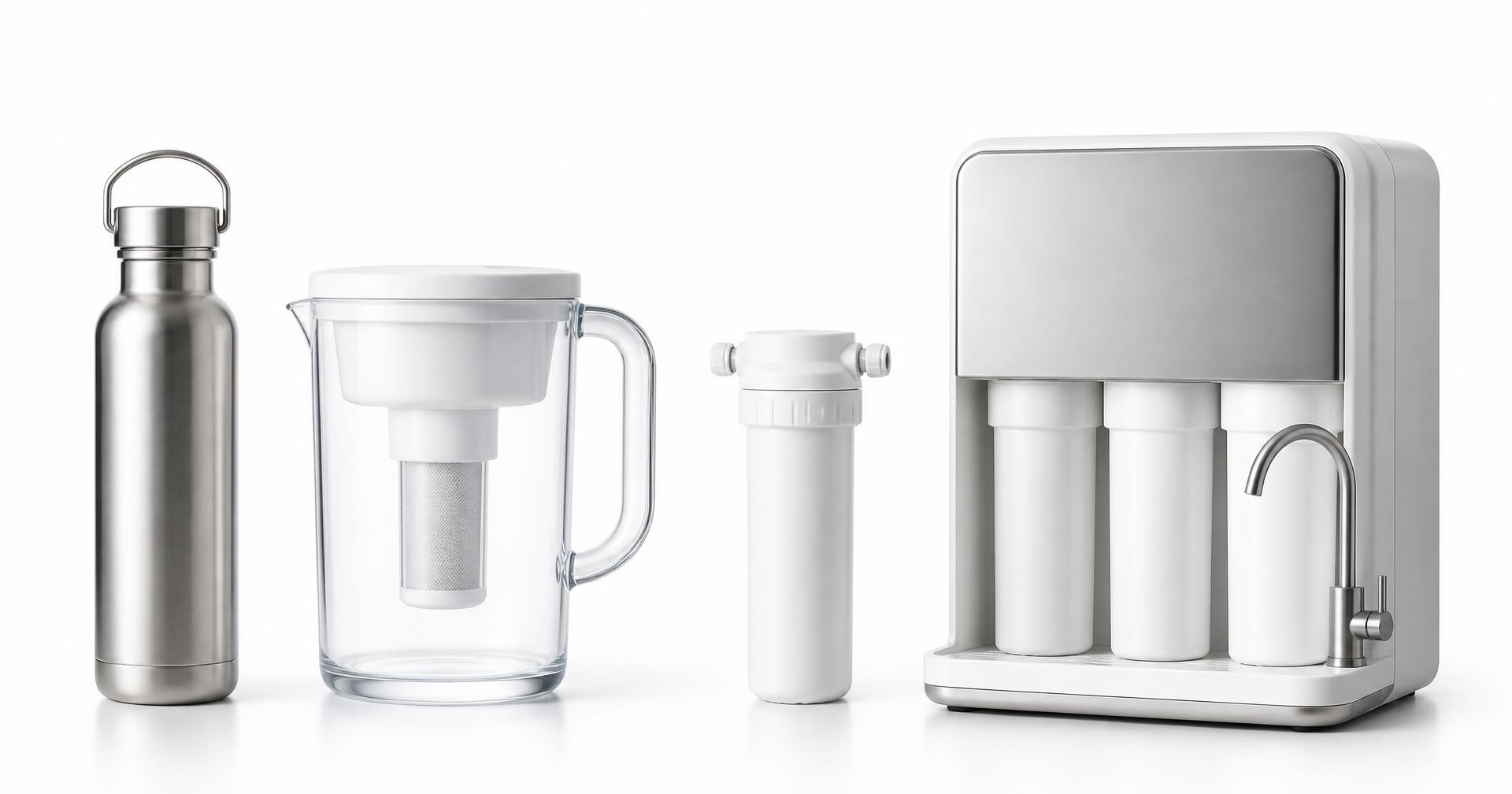 Filter water bottle, filter pitcher, under-sink cartridge and reverse osmosis system photographed on a white background